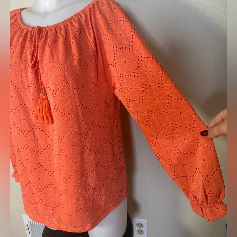Rafaella Top Eyelet Peasant Blouse M 3/4 Sleeve Tie Front NWT Orange Boho Medium - Picture 5 of 9